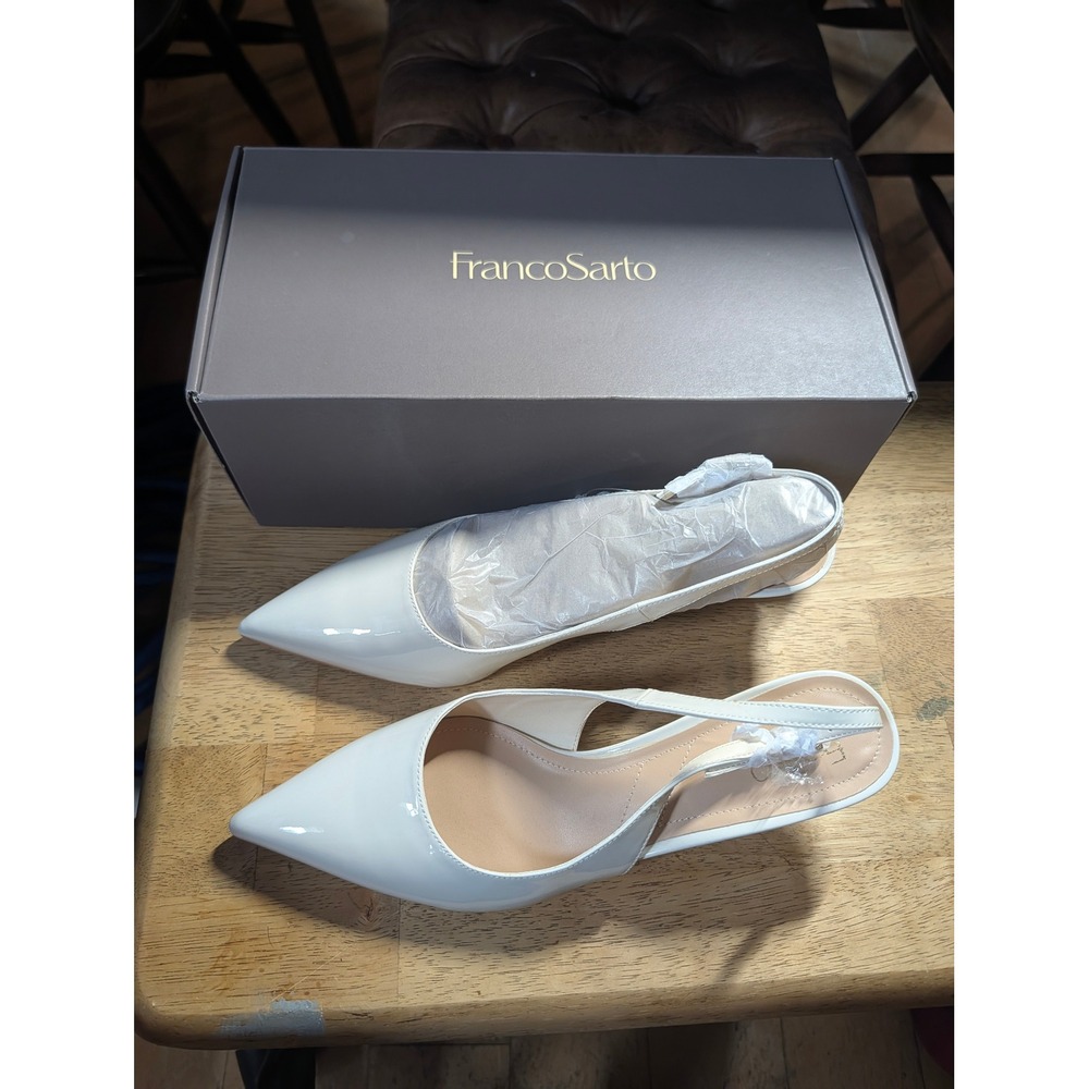 Franco Sarto Kate Cream Patent Slingback Kitten Heel Pumps Womens 10M I9667S1